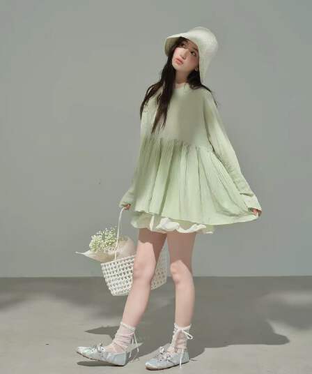 soloki 한 부서 신선함 녹색 초록 초록 귀여운 달콤함 무거운 작업 플리츠 대 치마 연령 감소 라미 인형 셔츠