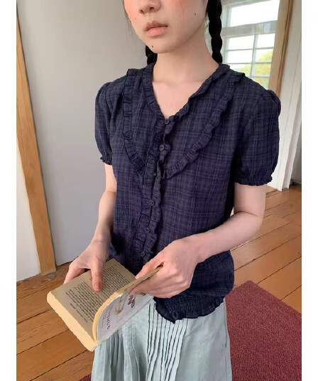 영자 oni 레트로 디자인 센스 작은 대중 프릴 반팔 여성 셔츠 일본식 거품 소매 체크무늬 작은 셔츠 맨위