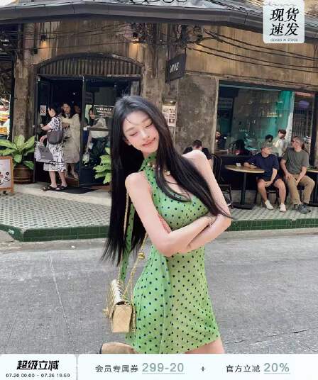 okaaay 에덴 여행 녹색 도트 무늬 행침 목 여성 드레스 여름 섹시함 순수한 욕망 핫걸 치마