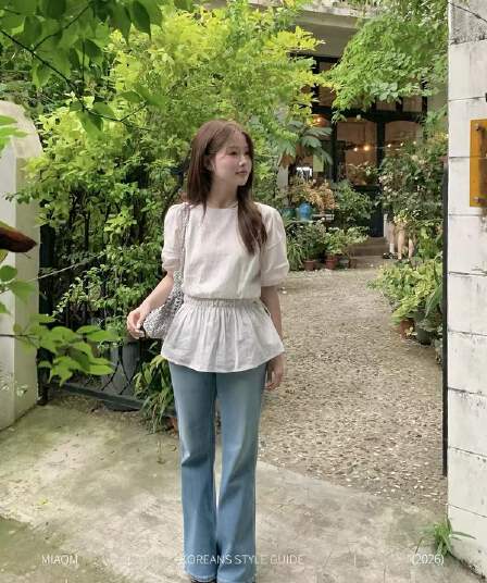 miao 동대문 머리말 한 부서 반팔 여성 셔츠 여름 작은 키 부드러운 슬림해 보이는 거품 소매 라운드 넥 맨위