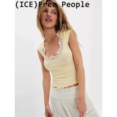 批发Ice买手店折扣正品Free People短袖<b class='q'>蕾丝</b>花边大圆领罗纹<b class='q'>上衣</b>女