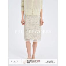 批发PRE PREWORKS 日本进口肌理感植绒波点<b class='q'>蕾丝</b>拼接<b class='q'>半身裙</b> 高腰直筒裙