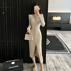 批发韩系气质毛衣裙V领针织<b class='q'>连衣裙</b>女2025秋冬新款修身显瘦包臀<b class='q'>长裙</b>子