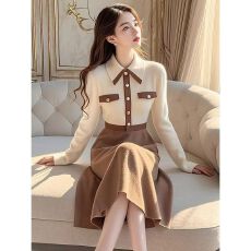 批发韩版撞色针织毛衣<b class='q'>连衣裙</b>POLO领气质名媛穿搭收腰中<b class='q'>长裙</b>打底裙秋冬