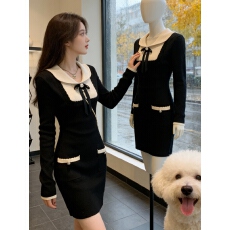 批发韩系<b class='q'>娃娃领</b>针织<b class='q'>连衣裙</b>女2025秋冬新款设计感气质收腰显瘦毛衣小黑