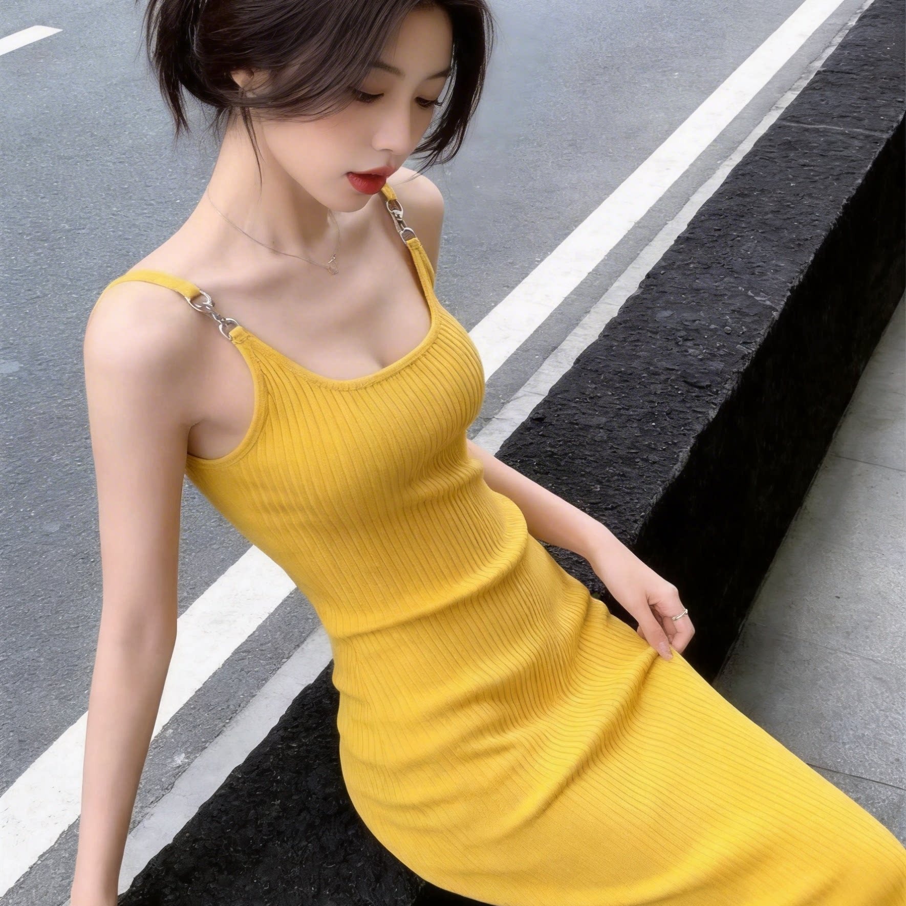 한 부서 도파민 황색 얼음 실크 행침 벨트 측면 칼라 드레스 아름다운 자이언트 잘 생긴 허리 수축 슬림해 보이는 타이트 스커트 니트 원피스