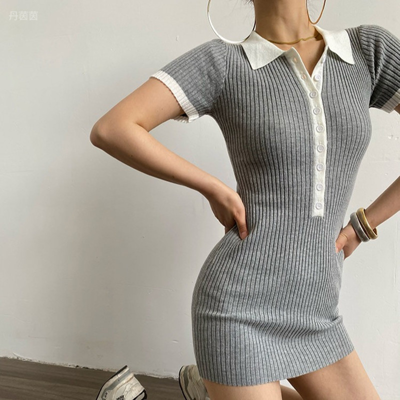 acupstudio 강 오른쪽 상단 유럽과 미국 배색 POLO 칼라 쇼트 스타일 타이트 스커트 드레스 몸매 가꾸기 디스플레이 품격 얼음 실크 치마