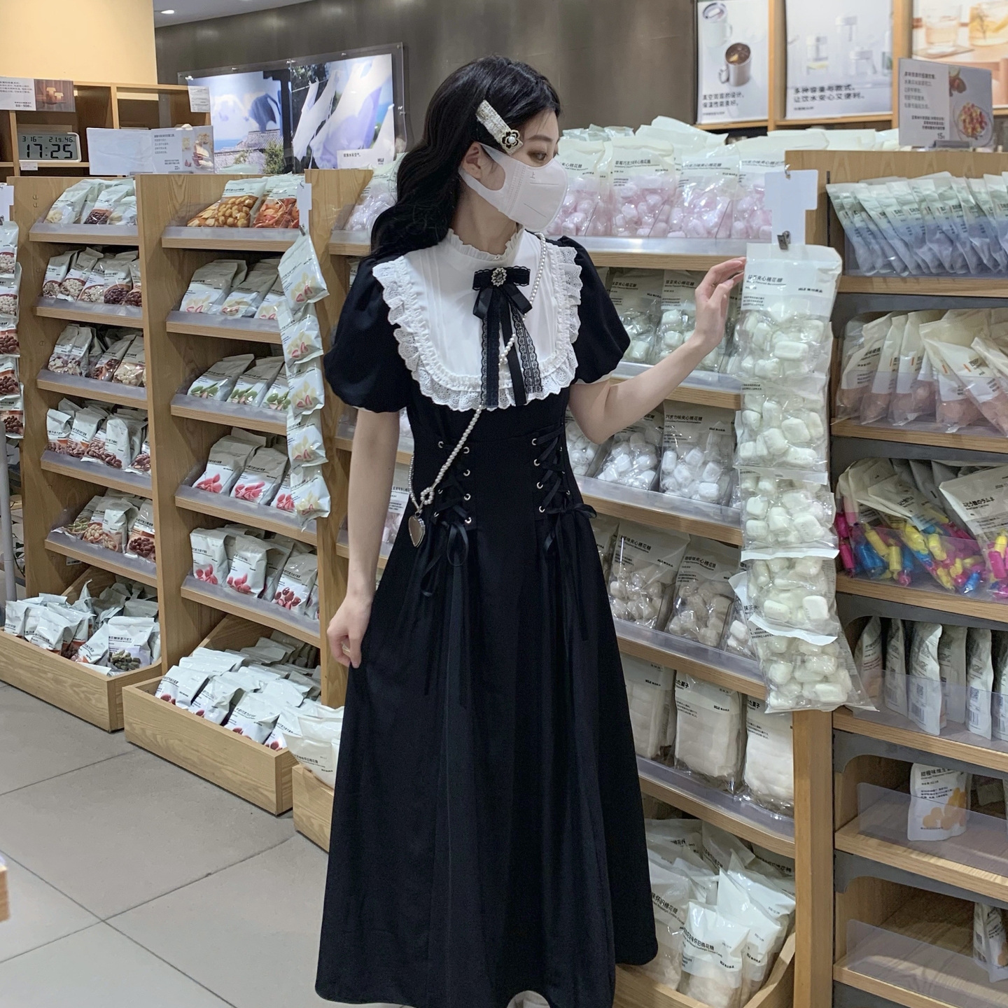 프랑스식 레트로 여름 품격 허리 수축 레이스 점프 슈트 롱 스커트