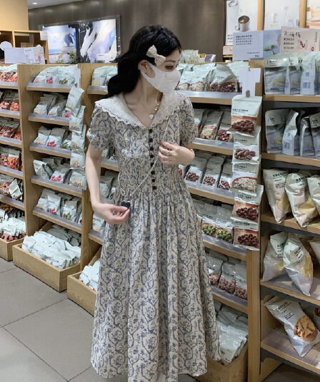 안개 남쪽 아마 레트로 꽃무늬 폴로 칼라 슬림해 보이는 드레스 프랑스식 센스 롱 스커트