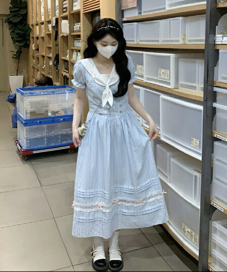 실사 연령 감소 해군 칼라 달콤함 학원 스타일 스트라이프 허리 수축 레이스업 드레스