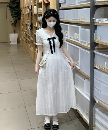 실사 학원 마이크로 지방 mm 베이비 칼라 학원 스타일 드레스 품격 허리 수축 면 센스 A라인 스커트