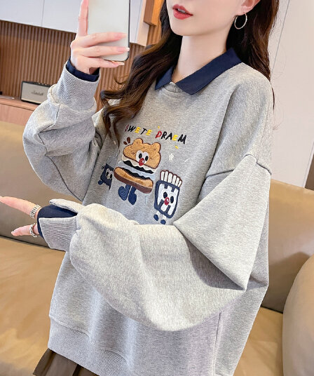 실사 POLO 칼라 패치워크 후드티 여성 2026 새로운 봄 가을 학원 스타일 루즈핏 연령 감소 페이크 레이어드 맨위