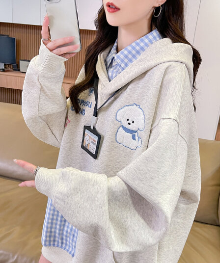 실사 983# 아메리칸 느긋한 체크무늬 패치워크 페이크 레이어드 후드 티 스웨터 여성 루즈핏 한 부서 학원 스타일 재킷