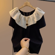 批发<b class='q'>夏</b>季显瘦洋气设计时尚圆领荷叶短袖撞色气质百搭减龄新款T恤上衣