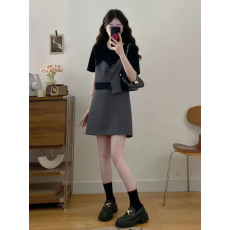 批发<b class='q'>夏</b>季胖mm大码200斤时髦减龄两件套女拼色上衣短裙显瘦百搭套装ins