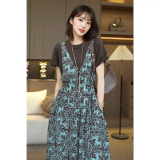 批发假两件印花连衣裙女夏季2025新款遮肚显瘦气质中长款假两件a字裙
