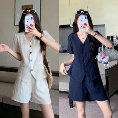 批发高档洋气两件套女<b class='q'>夏</b>季2025新款宽松显瘦短袖上衣+短裤时尚套装女
