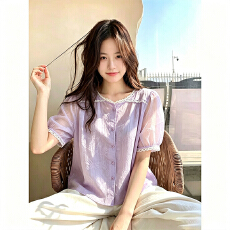 批发带里双层新款夏季紫色<b class='q'>短袖</b><b class='q'>衬衫女</b>高级感轻奢减龄洋气宽松显瘦上衣