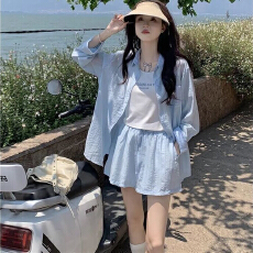 批发防晒衬衫<b class='q'>短裤</b>套装女2026<b class='q'>夏季</b>新款薄款长袖衬衫+阔腿<b class='q'>短裤</b>两件套