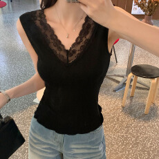 批发实拍实价蕾丝花边无袖上衣2025新款设计感v领短款吊带背心女夏季