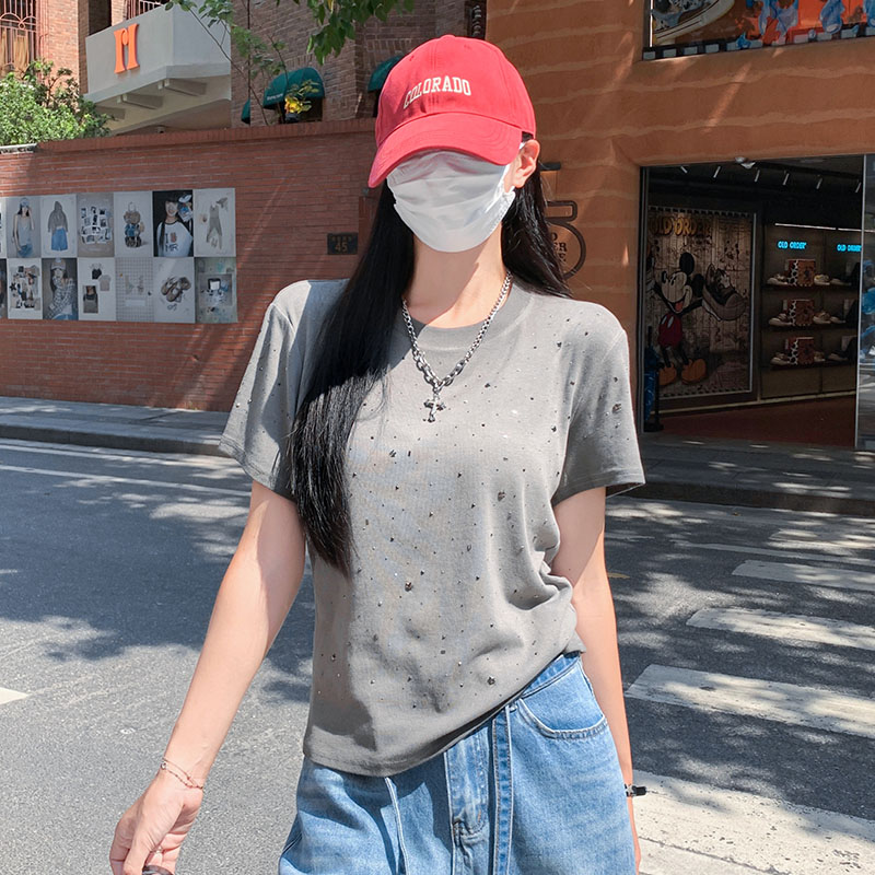 FA28950# 圆领短袖t恤女夏季新款设计感复古重工扎染烫钻上衣 服裝批發女裝批發服飾貨源