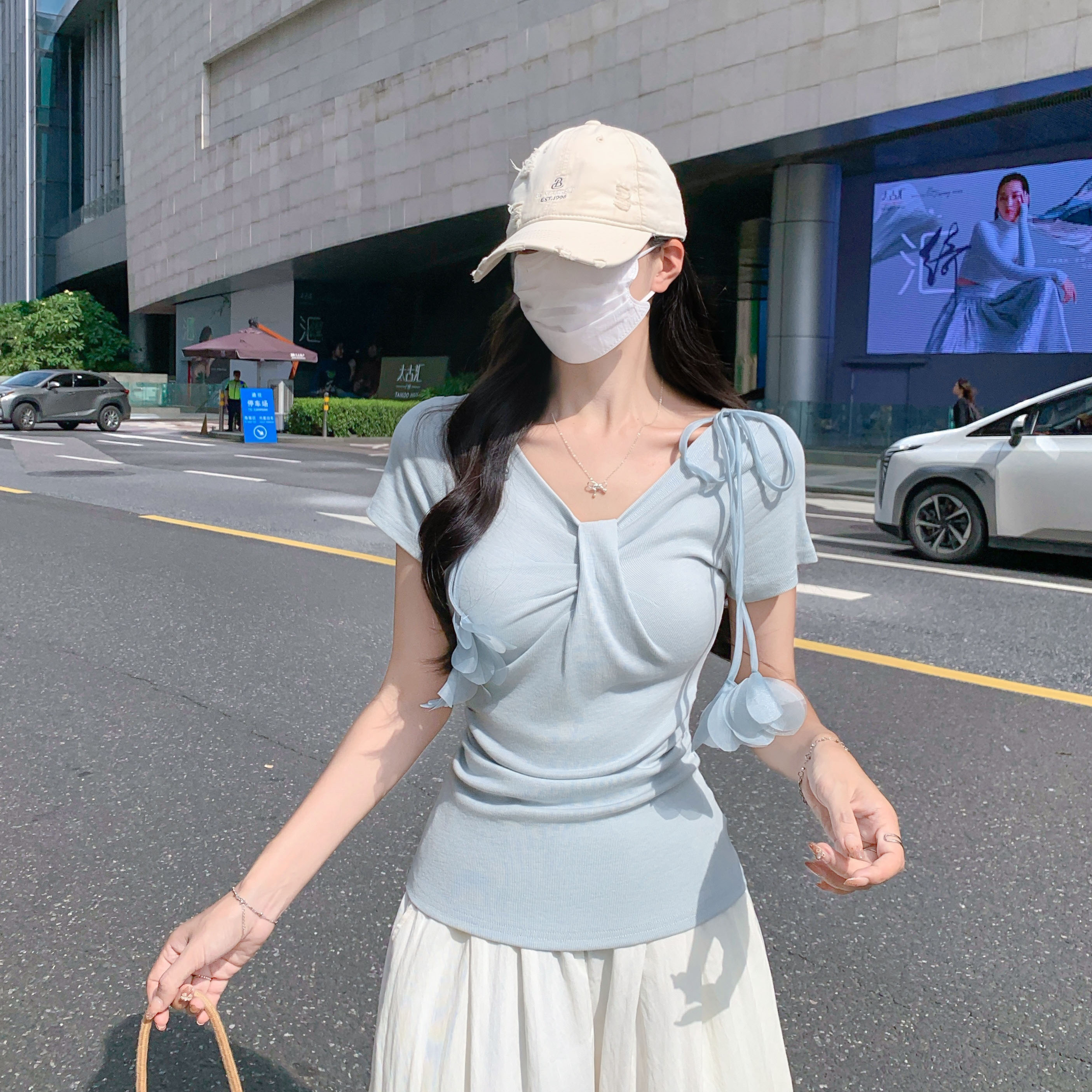 MY11312# 韩系蓝色立体花朵v领一字肩短袖t恤女2025夏季褶皱收腰...