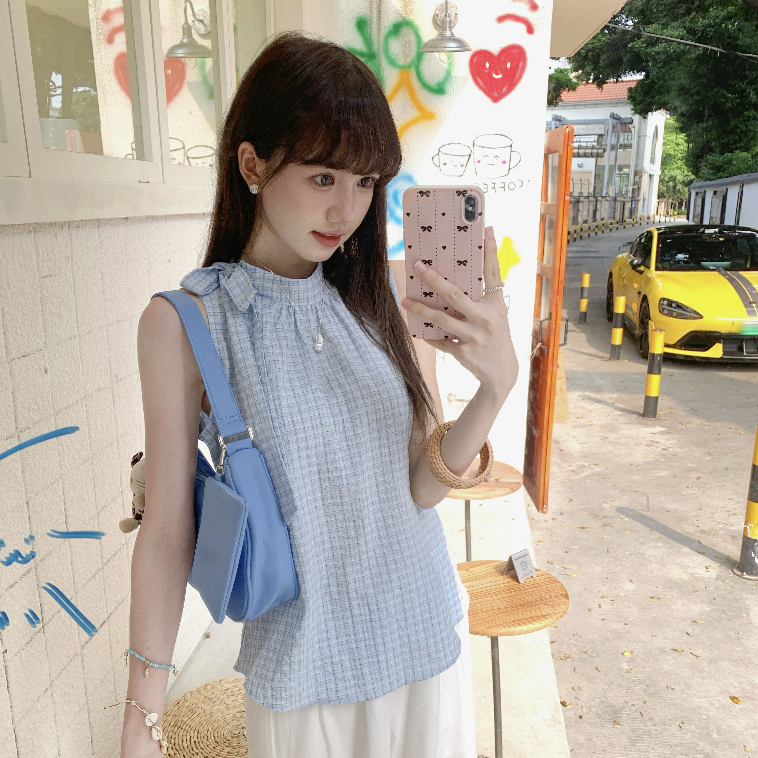实拍实价#格子背心女外穿夏季2025新款小众法式独特蝴蝶结无袖
