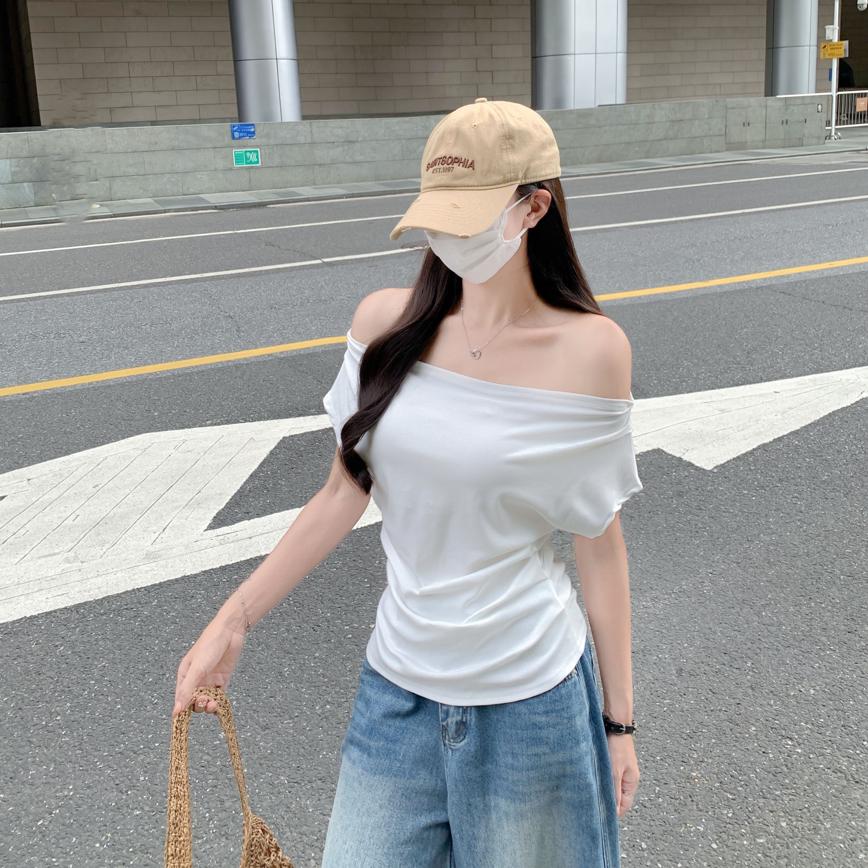 MY11280# 黑色斜肩短袖t恤女2025夏季设计感宽松显瘦不规则收腰女...
