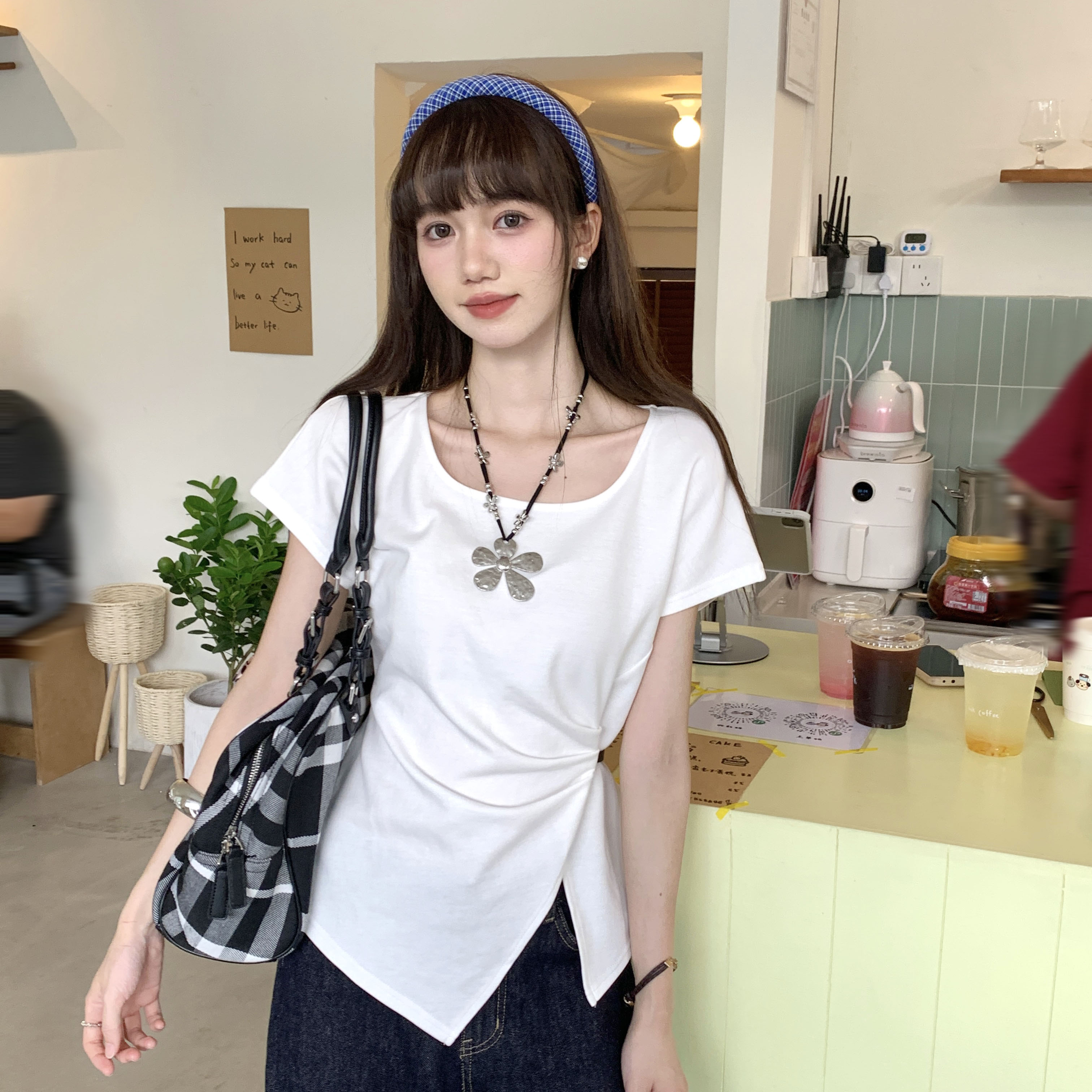 MY11292# 白色方领正肩短袖t恤女夏褶皱收腰显瘦宽松不规则中长款女裝...