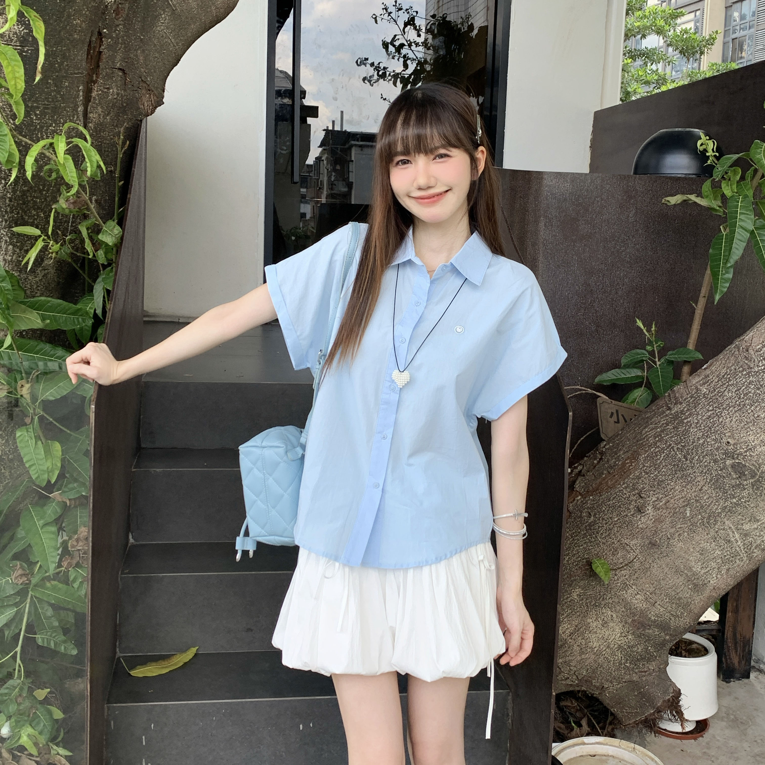 MY11310# 蓝色纯棉短袖衬衫女款新款夏休闲显瘦宽松衬衣外搭女裝貨源服...