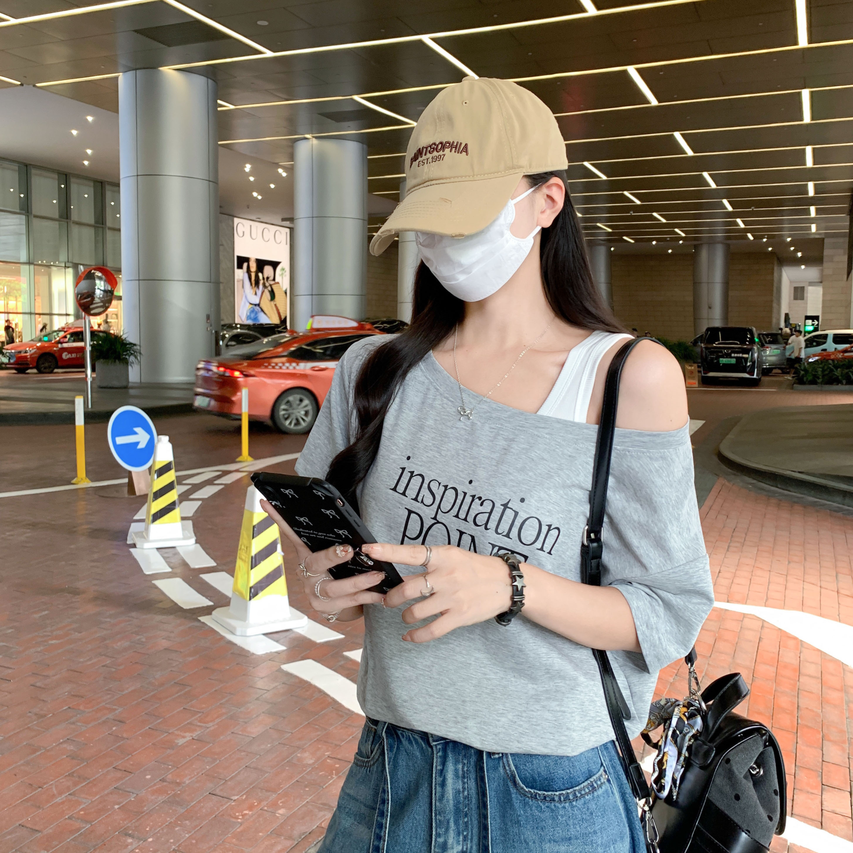 MY11308# 美式字母印花斜肩假两件短袖t恤夏松显瘦体恤上衣女裝貨源服...