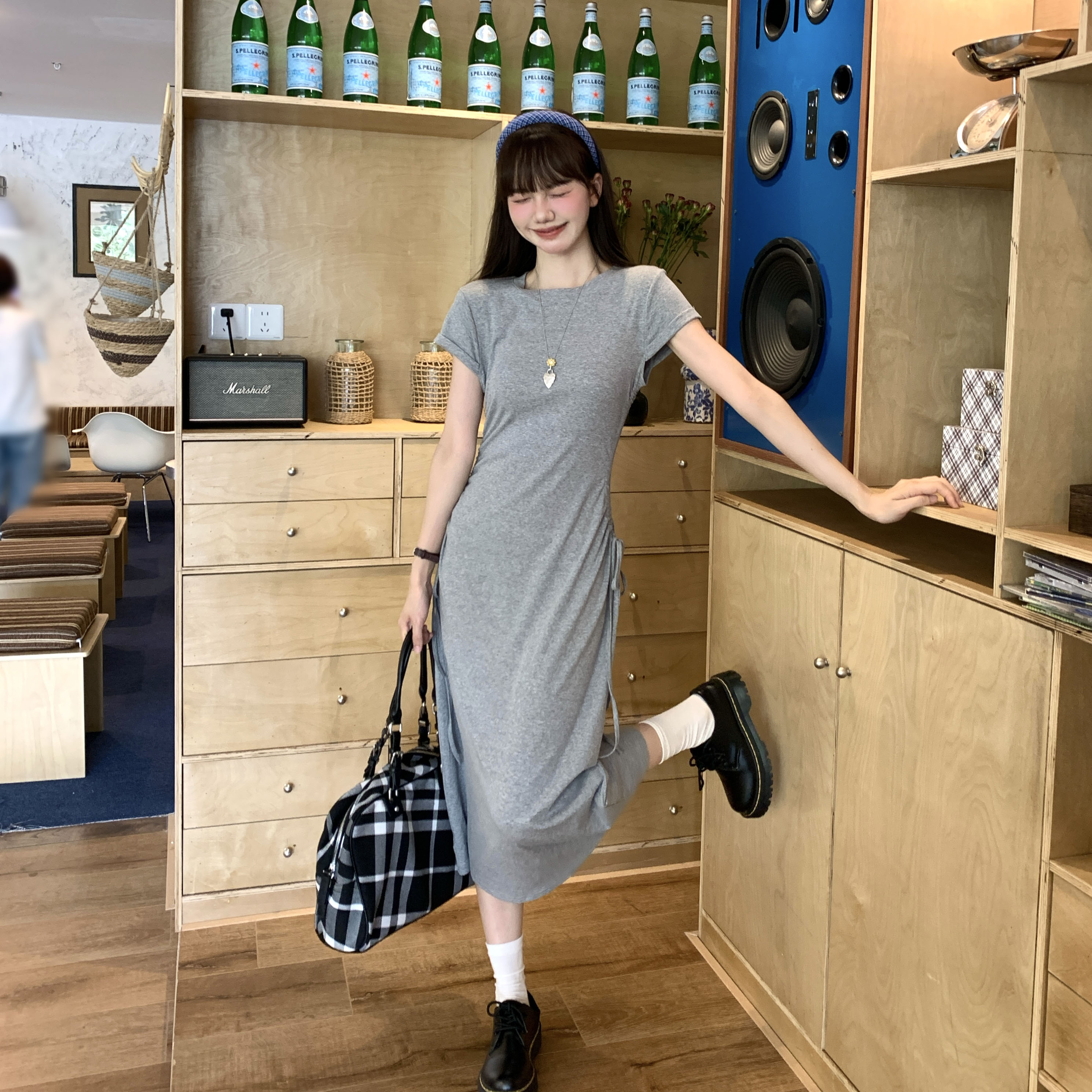 FA34219# 法式短袖t恤连衣裙子女夏新款气质抽绳收腰显瘦长裙 服裝批發女裝批發服飾貨源