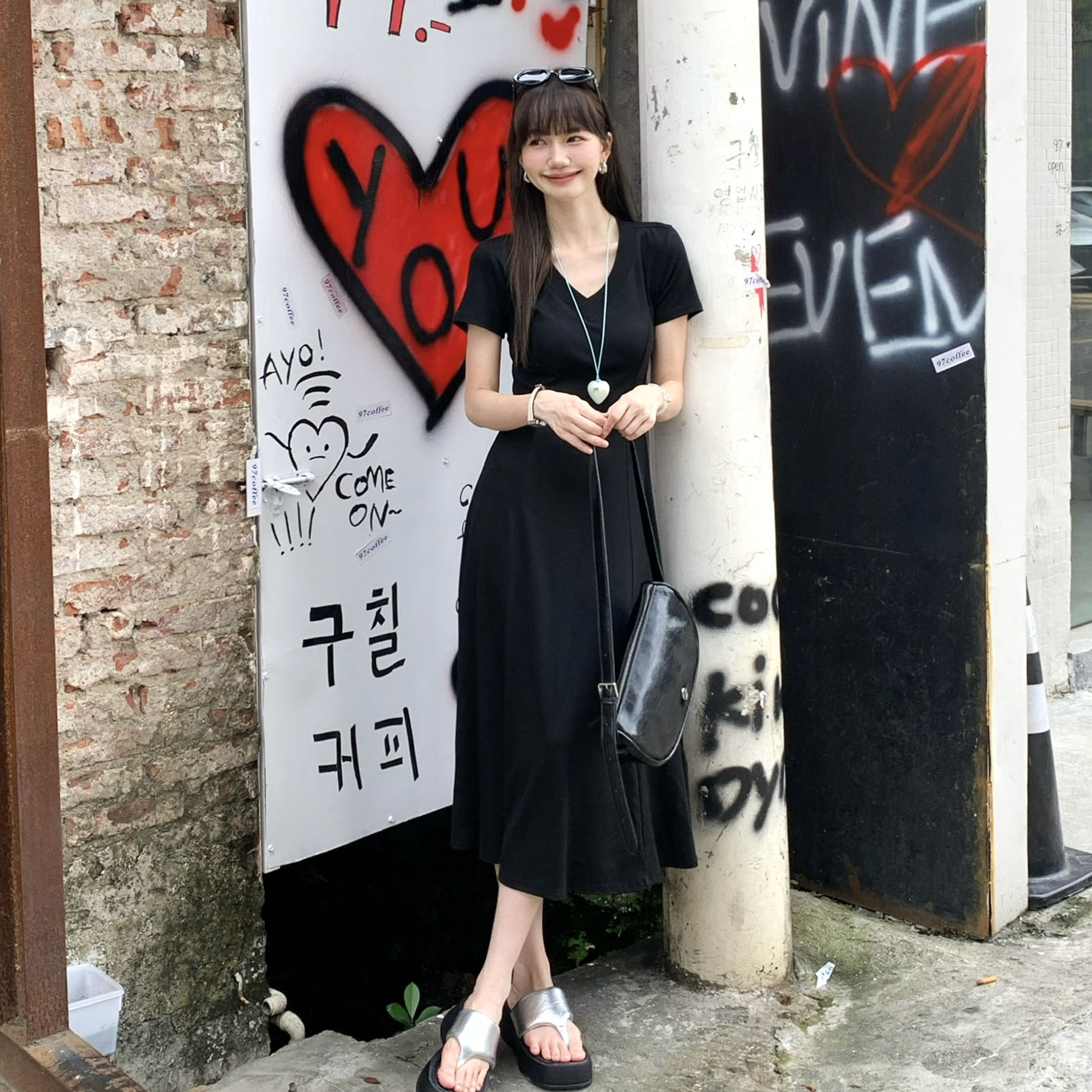 FA34218# 法式短袖t恤连衣裙子女夏新款气质抽绳收腰显瘦长裙 服裝批發女裝批發服飾貨源