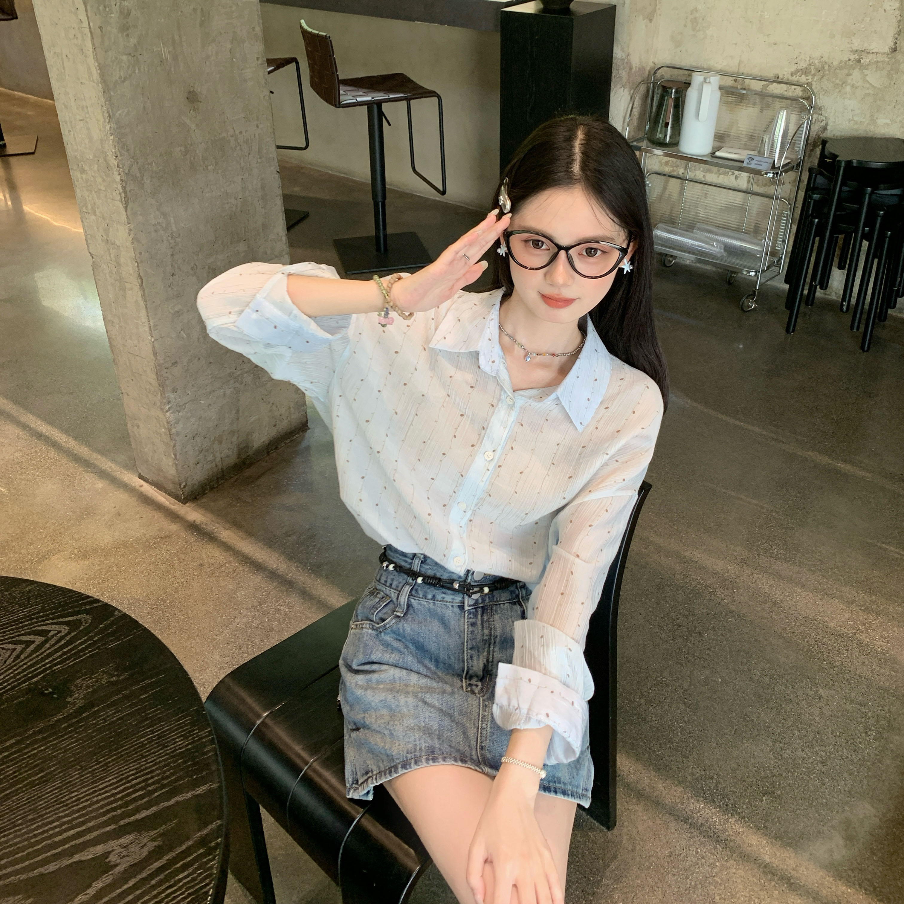 FA34552# 蓝色防晒衬衫女薄款夏季新款宽松百搭长袖上衣衬衣 服裝批發女裝批發服飾貨源