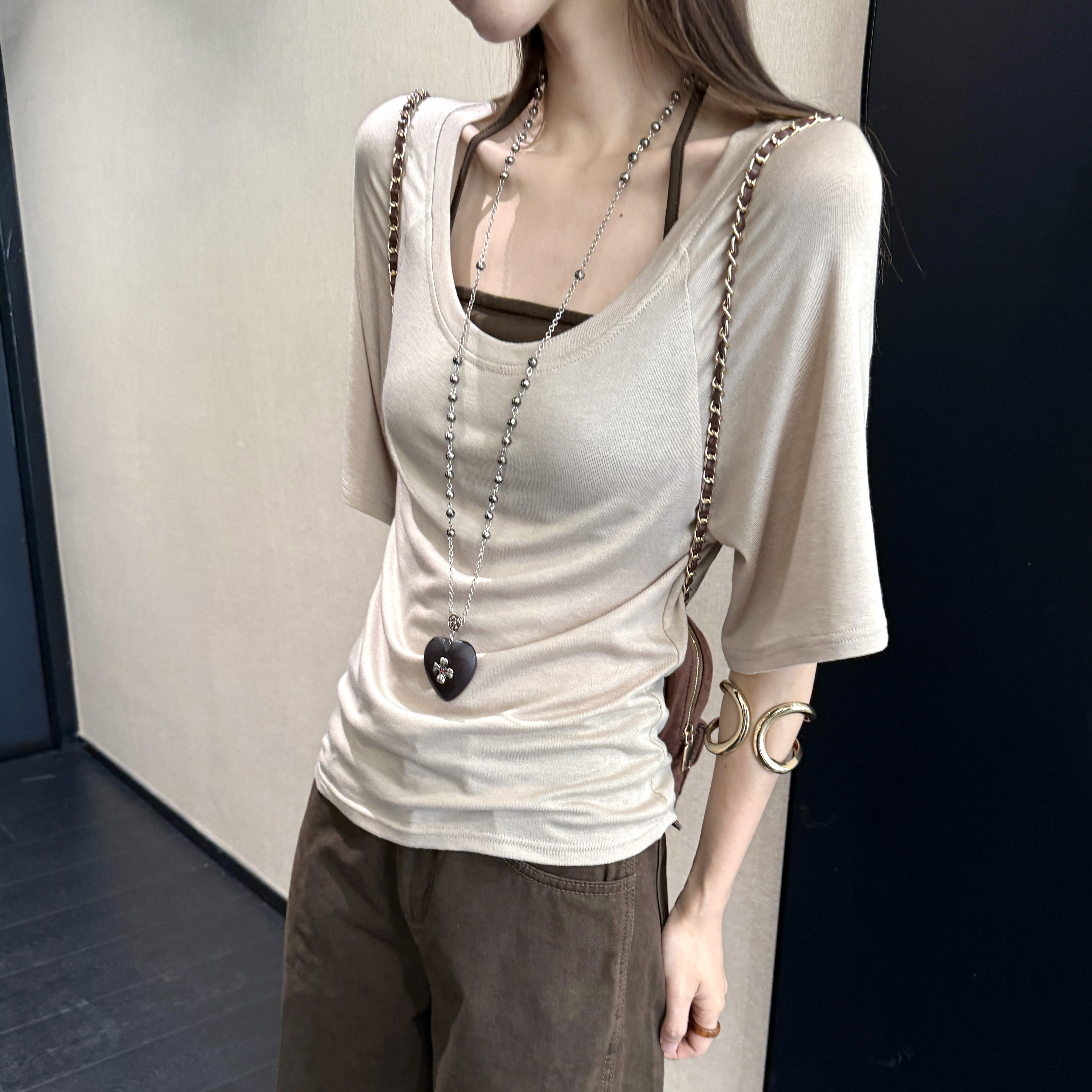 MY70309# 黑色宽松薄款低领短袖t恤新款夏纯欲风微透体恤女裝貨源服裝...