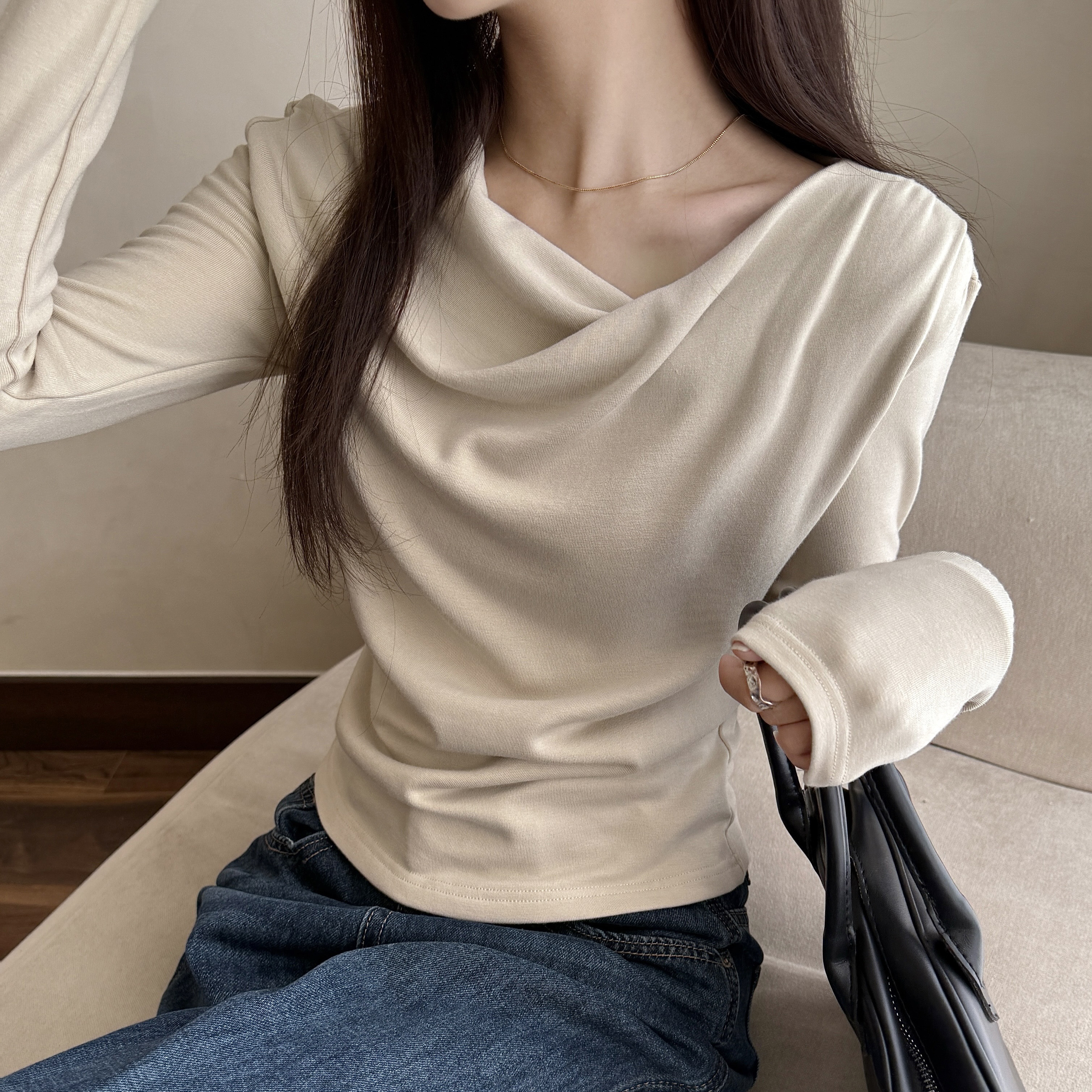 MY70304# 荡领长袖t恤新款高级感修身显瘦打底衫女内搭女裝貨源服裝批...