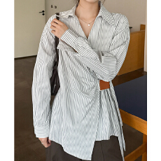 批发<b class='q'>实拍</b>实价#法式v领条纹长袖<b class='q'>衬衫</b>外套女秋2025设计感绑带收腰<b class='q'>衬衣</b>