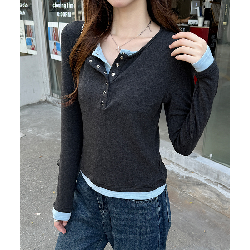 实拍实价#撞色假两件亨利领打底衫女内搭秋冬2025新款正肩长袖t恤