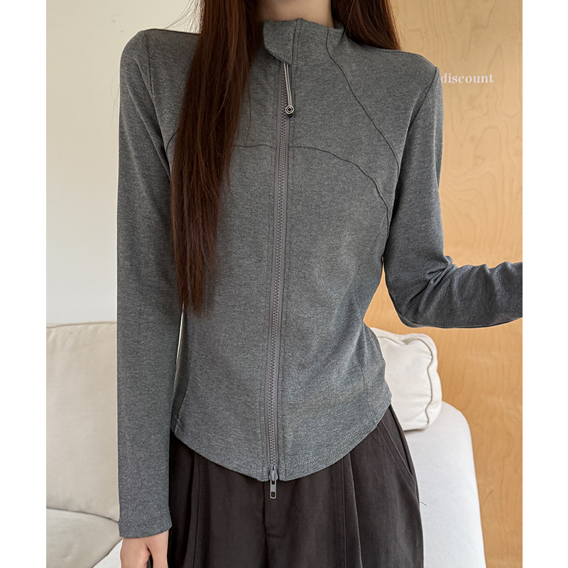 实拍实价#立领德绒拉链长袖t恤女冬季设计感修身灰色加绒加厚短款