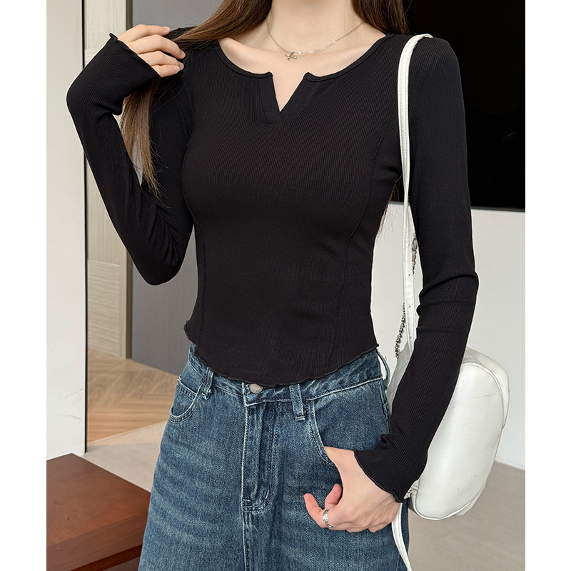 MY15380# 灰色正肩v领长袖t恤新款设计感修身内搭打底衫女裝貨源服裝批發