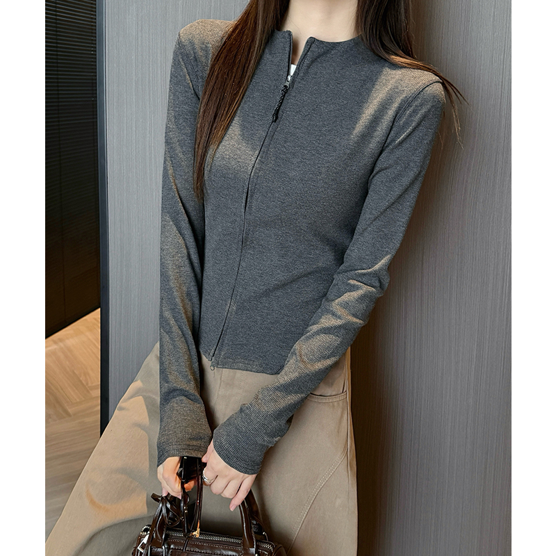 MY15378# 立领双拉链长袖t恤女上衣中领半高领打底衫女内搭女裝貨源服裝批發