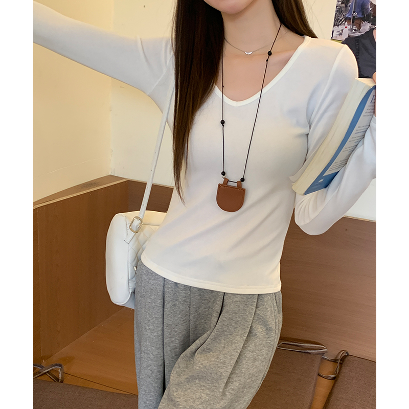 实拍实价#白色加绒打底衫女内搭冬小个子修身显瘦欧货v领长袖t恤