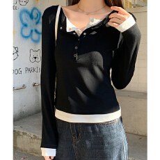 批发实拍实价#美式亨利领黑色假两件长袖t恤女秋冬季设计感内搭<b class='q'>打底衫</b>