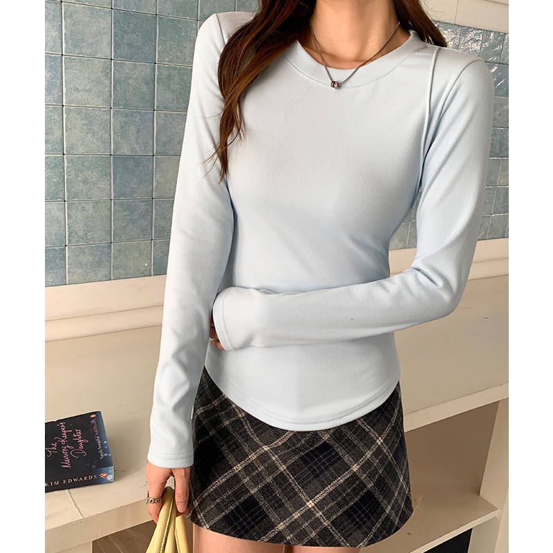 实拍实价#蓝色绒加绒加厚打底衫女内搭秋冬2025新款上衣圆领正肩