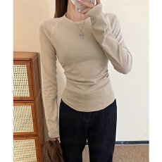 批发实拍实价正肩长袖t恤女春装2026新款褶皱收腰修身短款内搭上衣