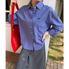 批发韩系格子翻领衬衫女春2026新款时尚宽松休闲衬衣外套上衣