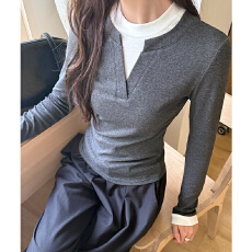 批发实拍实价#撞色假两件<b class='q'>长袖</b>t恤女2026新款修身拼接秋咖色上衣<b class='q'>打底衫</b>