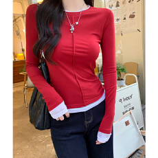 实拍实价#褶皱拼接假两件长袖T恤女春秋2026新款圆领正肩百搭上衣