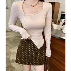 批发实价实拍#法式<b class='q'>不规则</b>方领长袖打底衫女2026春修身设计感开叉上衣