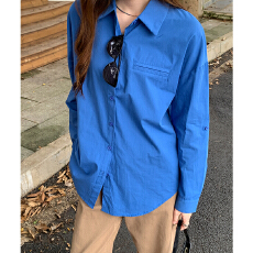 批发实拍实价#韩系蓝色长袖<b class='q'>衬衫</b>外套女春2026新款<b class='q'>气质</b>高级感宽松休闲